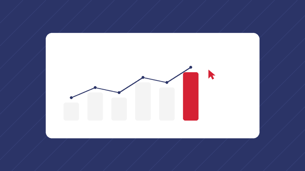 A bar chart trending upward with a mouse cursor clicking the tallest bar, representing rising demo bookings on a SaaS website