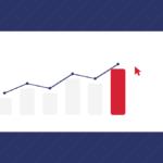 A bar chart trending upward with a mouse cursor clicking the tallest bar, representing rising demo bookings on a SaaS website